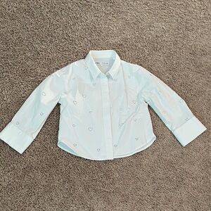 ZARA white silver gemstone Heart-Print Button-Down Shirt size 6-7